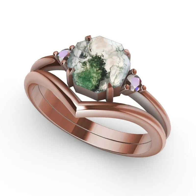 Ellie Octagon Moss Agate And Opal Ring Set vy 8