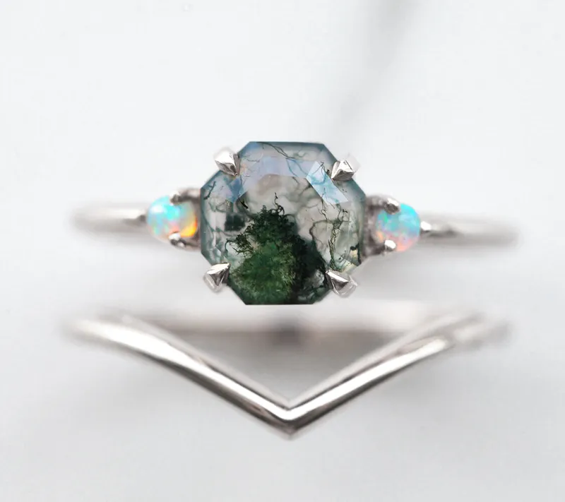 Ellie Octagon Moss Agate And Opal Ring Set vy 9
