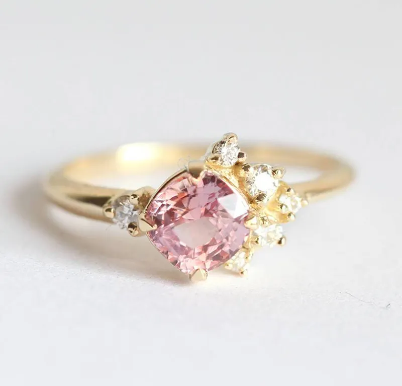 Elodie Peach Pink Sapphire Diamond Cluster Ring vy 2