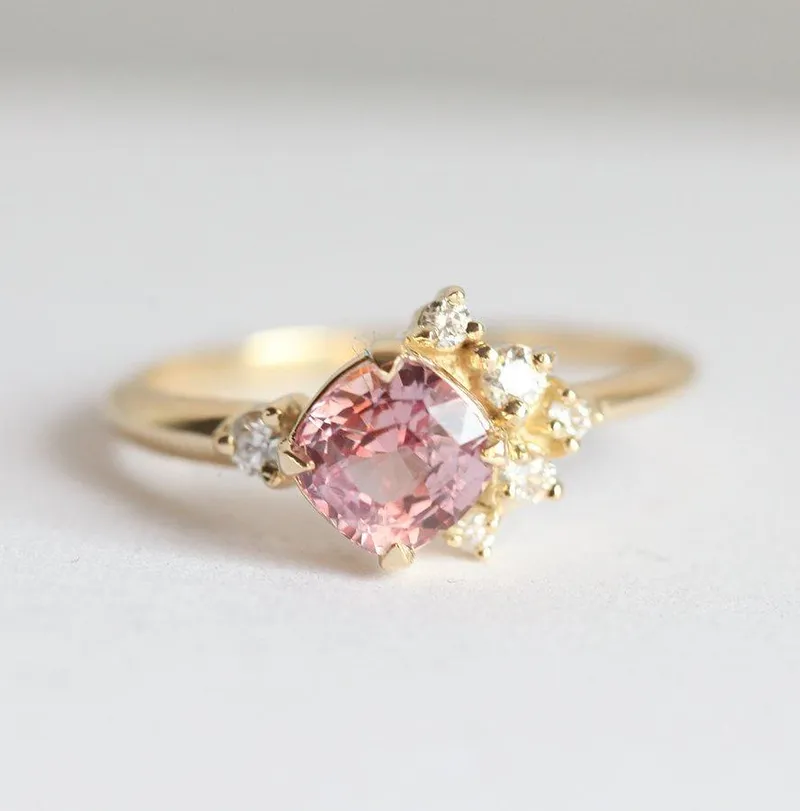 Elodie Peach Pink Sapphire Diamond Cluster Ring pink sapphire cushion cut engagement ring