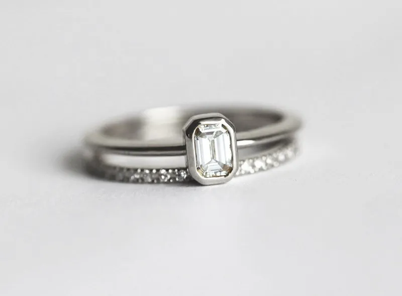 Emerald-Cut Diamond Ring Set With Pave Diamond Eternity Band view 11