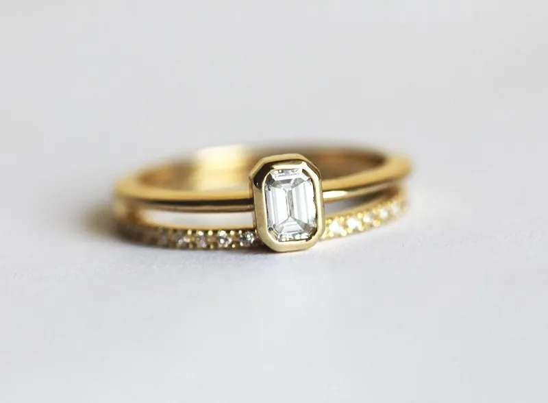 Emerald-Cut Diamond Ring Set With Pave Diamond Eternity Band view 8