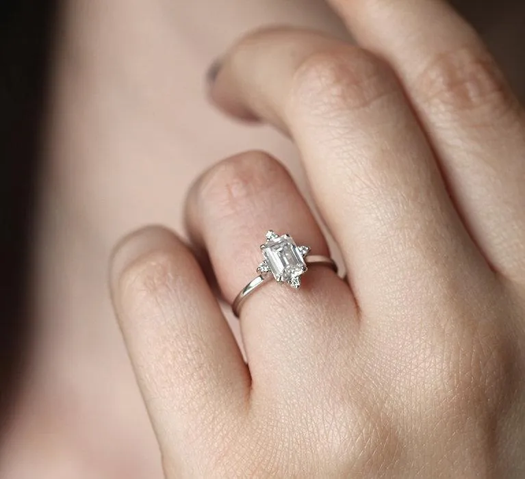 EMERALD CUT MOISSANITE RING IN WHITE GOLD WITH DIAMONDS view 6