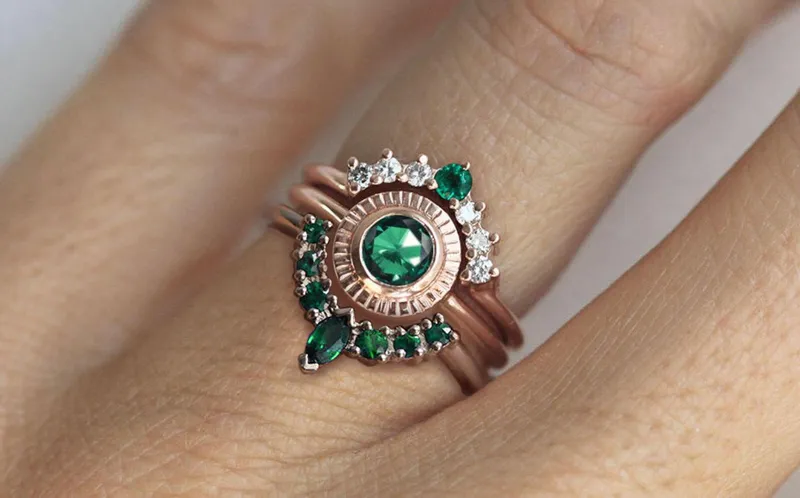 Emerald Ring, Emerald Diamond Ring Set vy 6