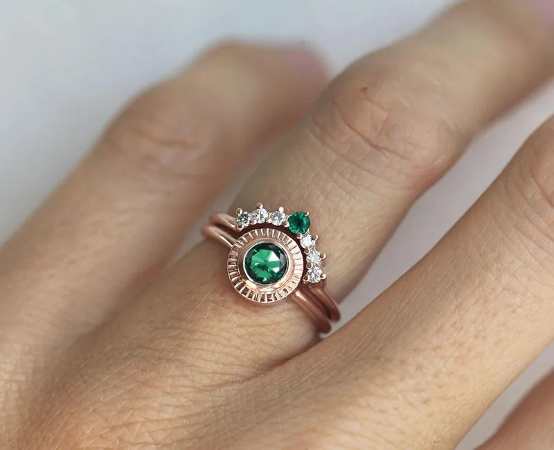 Emerald Ring, Emerald Diamond Ring Set diamond round cut engagement ring