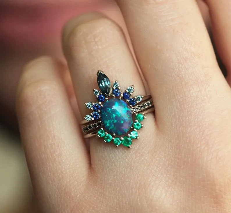 Emmeline Lagoon Black Opal Ring Set view 2