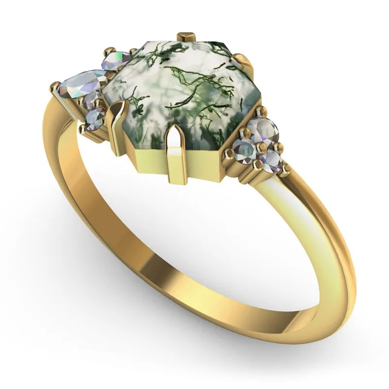 Everly Hexagon Moss Agate Ring With Accent Stones view 2