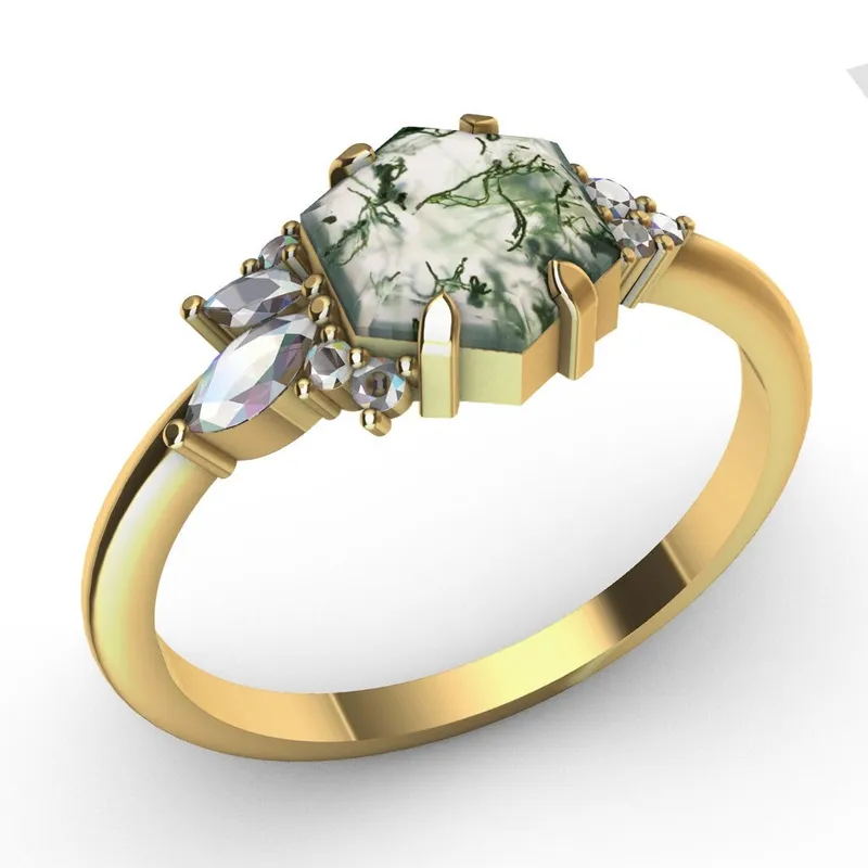 Everly Hexagon Moss Agate Ring With Accent Stones view 3