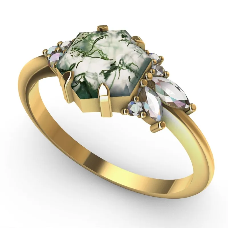 Everly Hexagon Moss Agate Ring With Accent Stones view 4