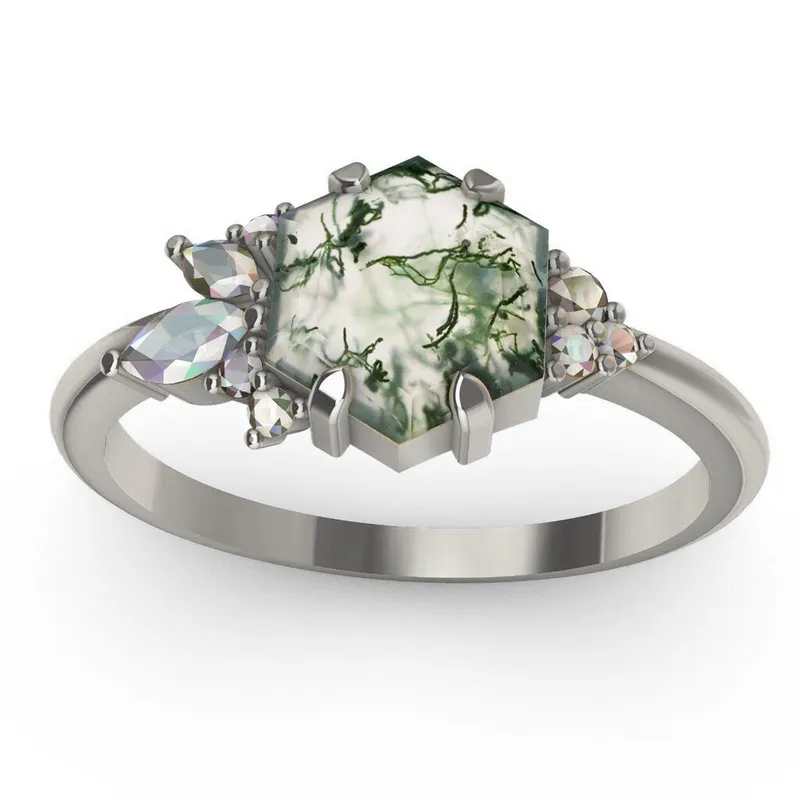 Everly Hexagon Moss Agate Ring With Accent Stones view 6