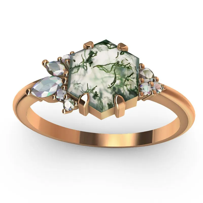Everly Hexagon Moss Agate Ring With Accent Stones view 7