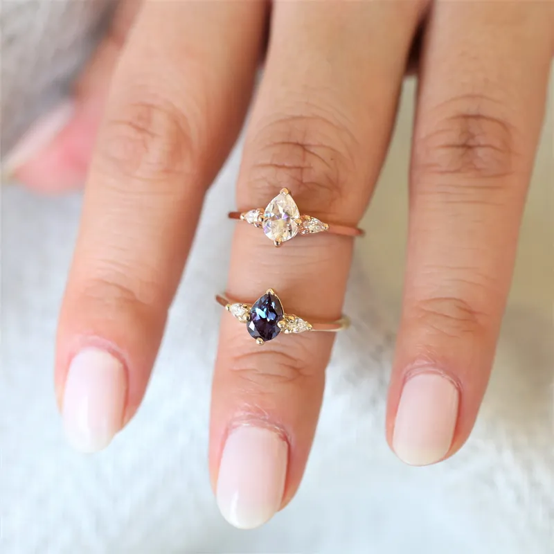 Petite Evette 7x5mm 14kt Gold Alexandrite Diamond Pear 3 Stone Ring view 8