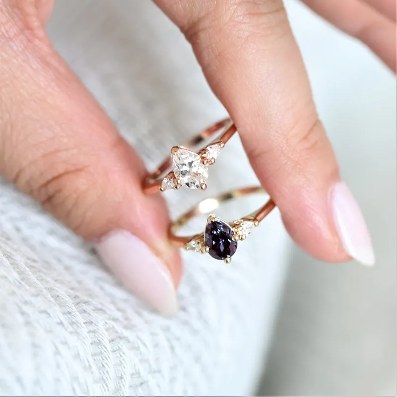 Petite Evette 7x5mm 14kt Gold Alexandrite Diamond Pear 3 Stone Ring blue diamond pear cut engagement ring