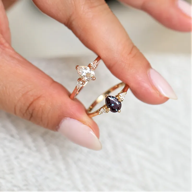 Petite Evette 7x5mm 14kt Gold Alexandrite Diamond Pear 3 Stone Ring view 3