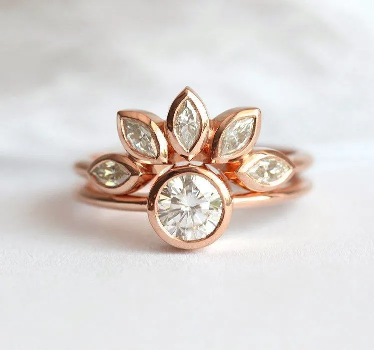 Floral Diamond Engagement Ring Set With Petal Crown Band view 10