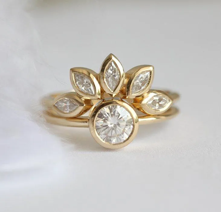 Floral Diamond Engagement Ring Set With Petal Crown Band view 2