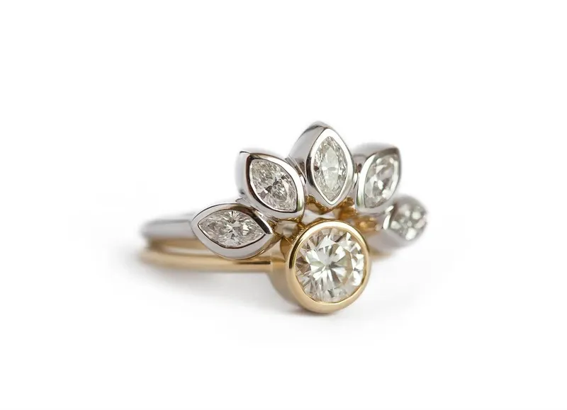 Floral Diamond Engagement Ring Set With Petal Crown Band view 4