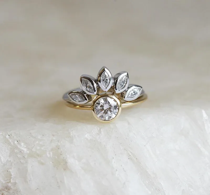 Floral Diamond Engagement Ring Set With Petal Crown Band view 6