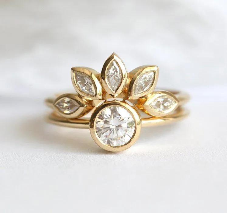 Floral Diamond Engagement Ring Set With Petal Crown Band diamond round cut engagement ring
