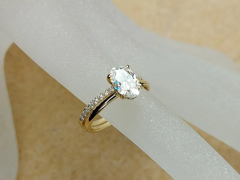 1.8Ct Oval Cut Wedding Set in Yellow Gold , Crushed Ice Oval Bridal Set, Moissanite Oval Cut Bridal Set, Moissanite bridal Set. view 4