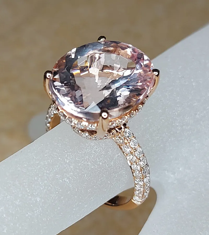 11 1/2 Carat Morganite Engagement Ring Rose Gold Oval Morganite Ring Hidden Halo Diamonds Oval Morganite Ring vy 2