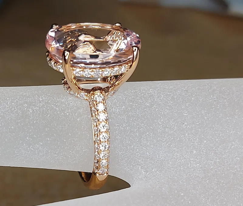 11 1/2 Carat Morganite Engagement Ring Rose Gold Oval Morganite Ring Hidden Halo Diamonds Oval Morganite Ring vy 3