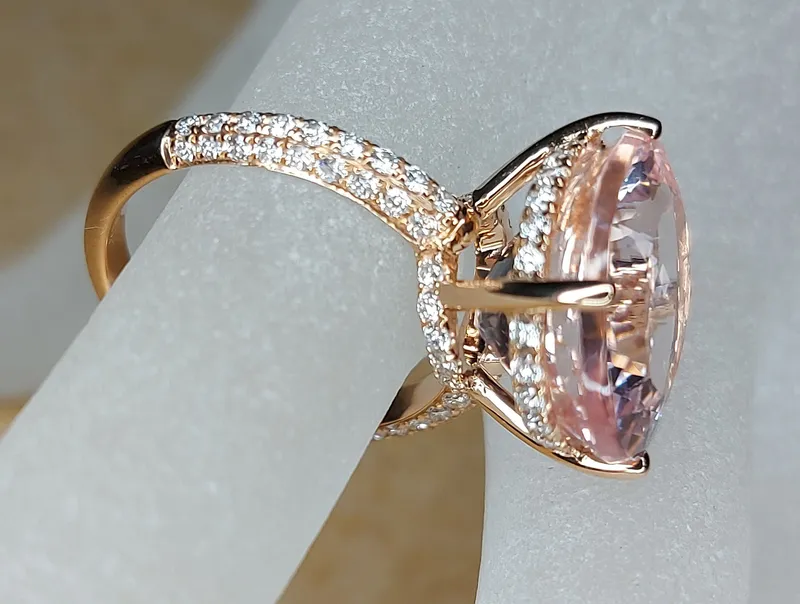 11 1/2 Carat Morganite Engagement Ring Rose Gold Oval Morganite Ring Hidden Halo Diamonds Oval Morganite Ring vy 5