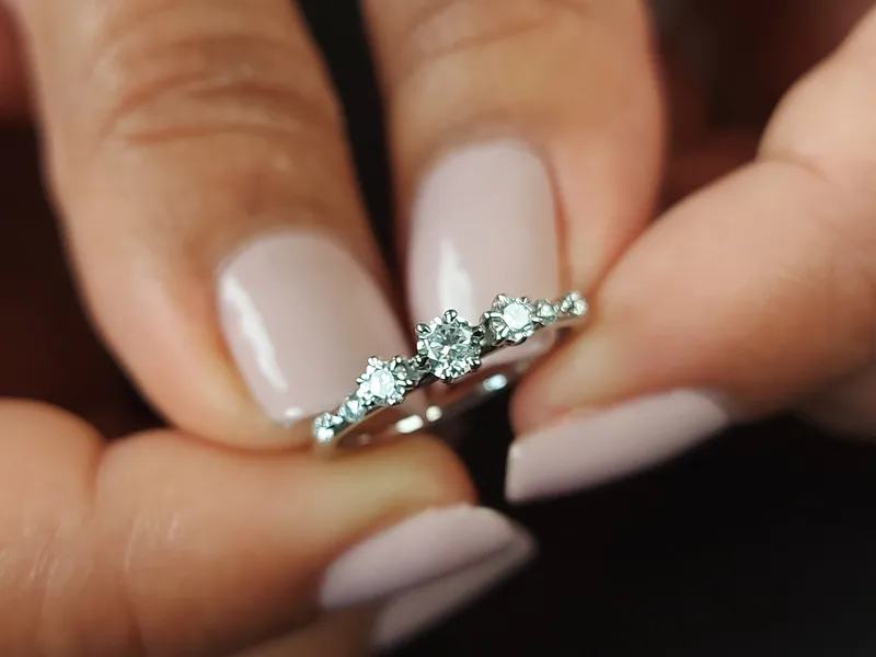 14K Floating Diamond Ring Petite Distance Diamond Band Elegant Thin Band Wedding Band Stacking band Diamond Tempo Ring Tiny Diamond Ring. view 6