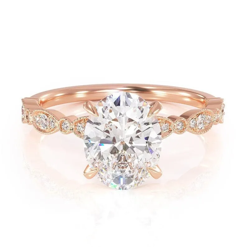 1Ct Vinatge Moissanite Oval Forever One Engagement Ring, 7*5mm Moissanite and Diamond Solitaire Art Deco Ring, Rose Gold Moissanite Ring view 2
