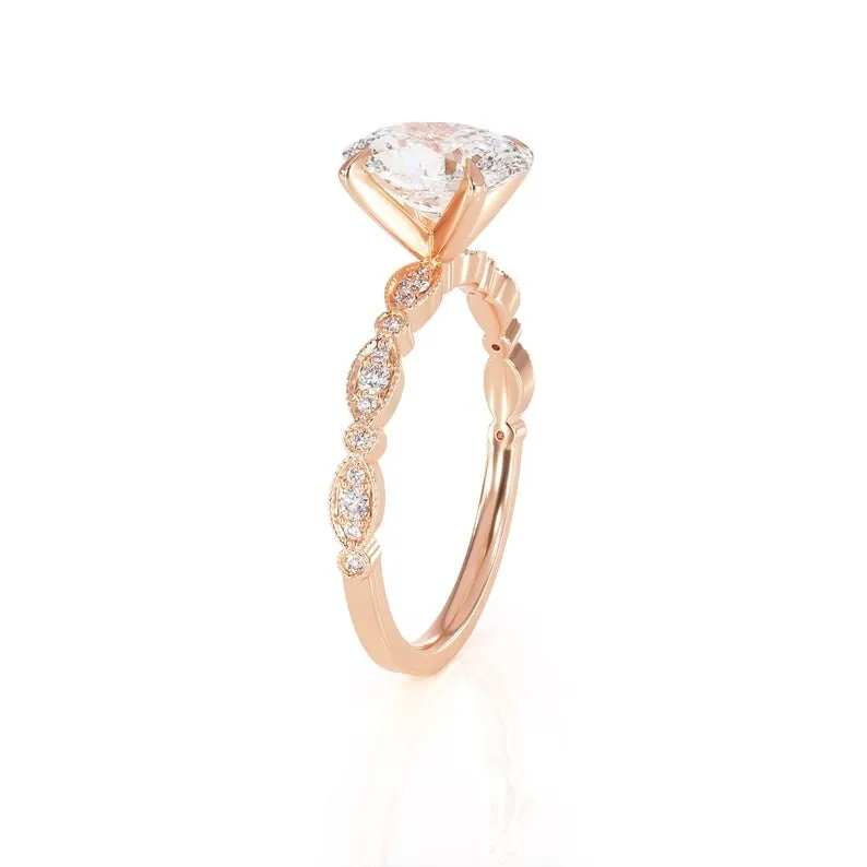 1Ct Vinatge Moissanite Oval Forever One Engagement Ring, 7*5mm Moissanite and Diamond Solitaire Art Deco Ring, Rose Gold Moissanite Ring view 3