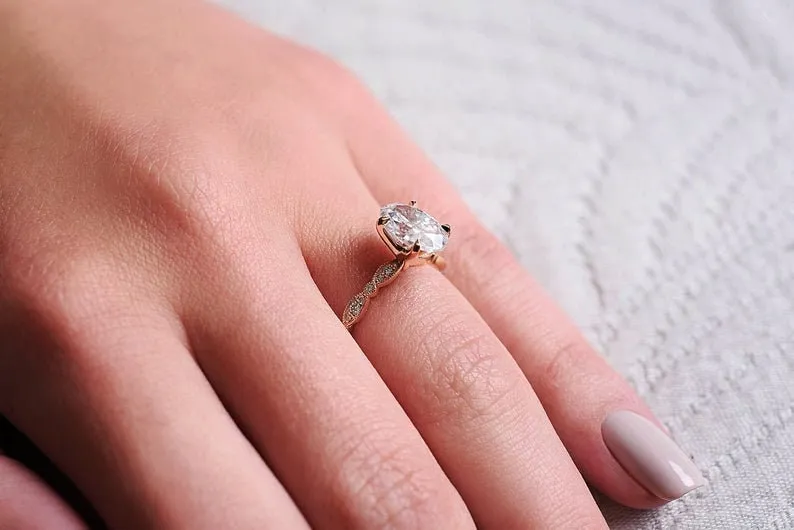 1Ct Vinatge Moissanite Oval Forever One Engagement Ring, 7*5mm Moissanite and Diamond Solitaire Art Deco Ring, Rose Gold Moissanite Ring oval cut engagement ring