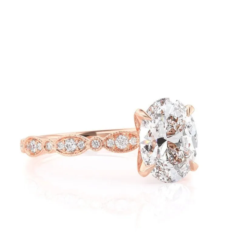1Ct Vinatge Moissanite Oval Forever One Engagement Ring, 7*5mm Moissanite and Diamond Solitaire Art Deco Ring, Rose Gold Moissanite Ring view 4