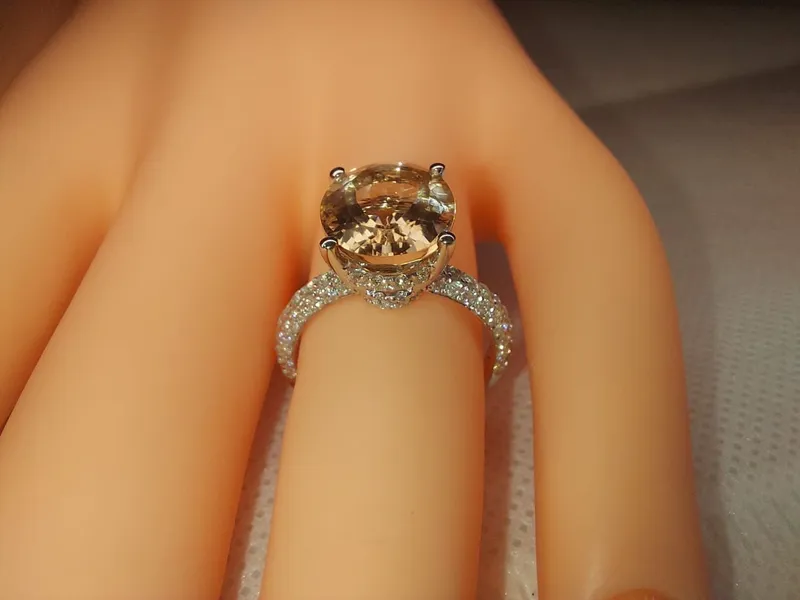 3.5 Carat Oval Morganite Engagement Ring with Hidden Halo Diamonds in Rose Gold view 3