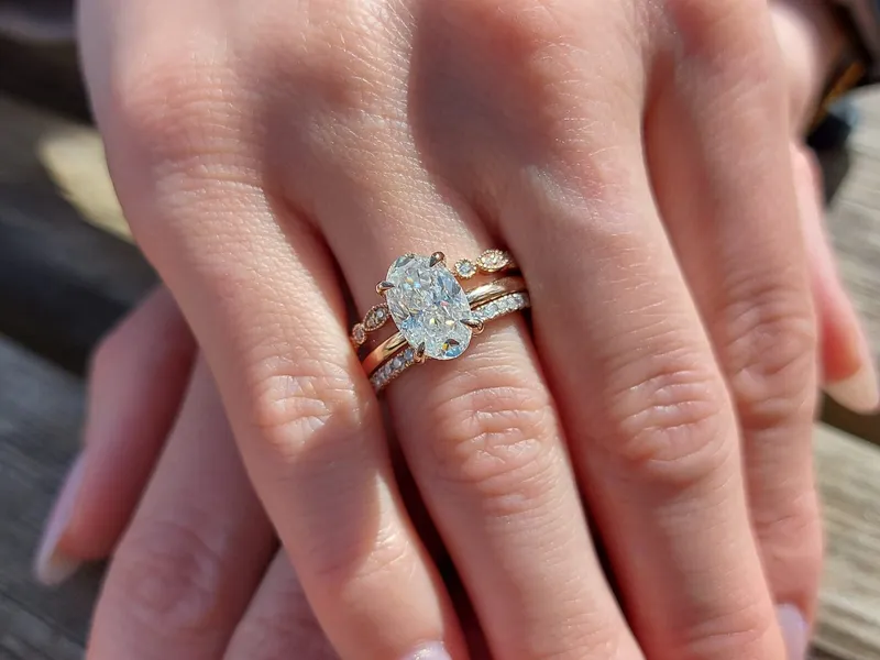 3Ct Oval Cut Wedding Set in Yellow Gold , Oval crushed ice Bridal Set, Moissanite Oval Cut Bridal Set, Moissanite bridal Set. view 3