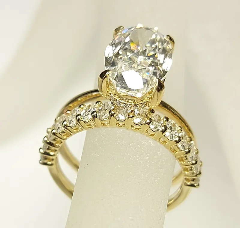 4 Ct Oval Cut Moissanite Wedding Set in Yellow Gold Hybrid Crushed Ice Oval Bridal Set, Oval Cut Bridal Set, Moissanite bridal Set. view 2
