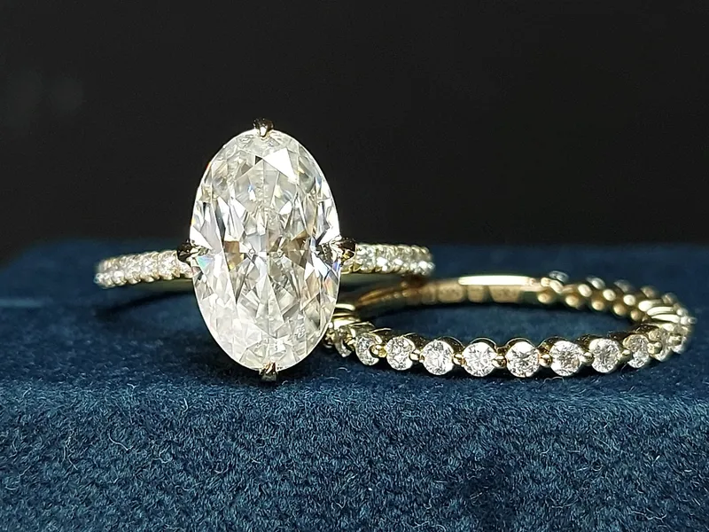 5Ct Oval Cut Wedding Set in Yellow Gold Crushed Ice Oval Bridal Set Moissanite Oval Cut Bridal Set Anniversary unique ring. view 2