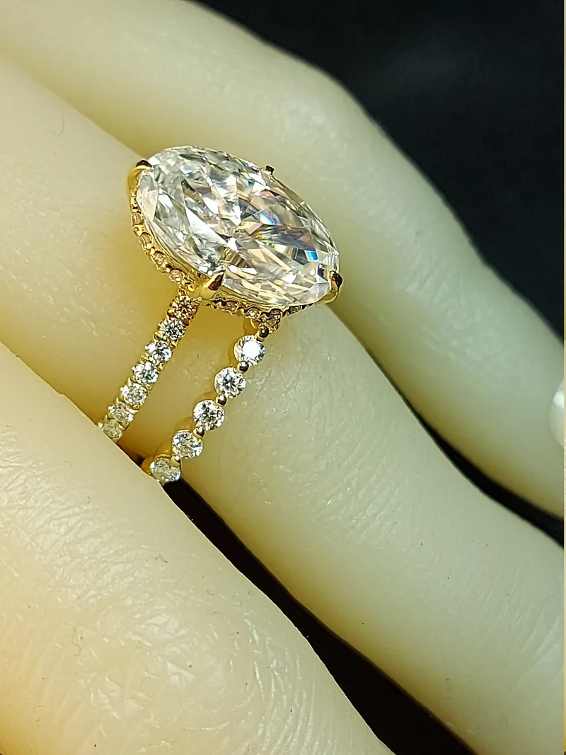 5Ct Oval Cut Wedding Set in Yellow Gold Crushed Ice Oval Bridal Set Moissanite Oval Cut Bridal Set Anniversary unique ring. view 3