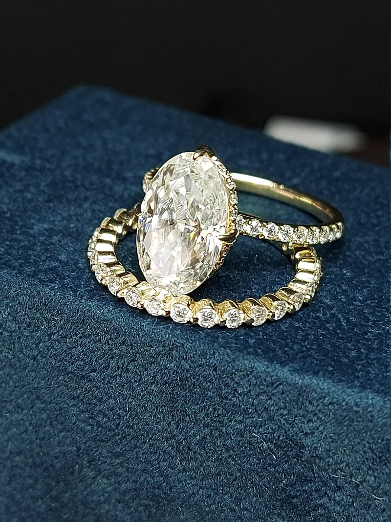 5Ct Oval Cut Wedding Set in Yellow Gold Crushed Ice Oval Bridal Set Moissanite Oval Cut Bridal Set Anniversary unique ring. view 4