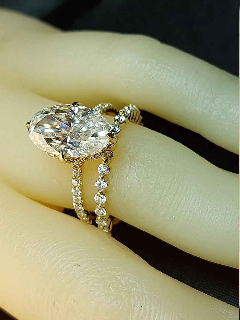 5Ct Oval Cut Wedding Set in Yellow Gold Crushed Ice Oval Bridal Set Moissanite Oval Cut Bridal Set Anniversary unique ring. view 6