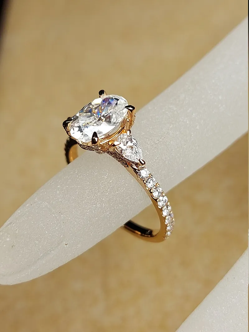 Antique Vintage Style 1.5ct brilliant cut oval Moissanite Ring, Pear diamond Engagement Ring, Trilogy ring Ring for Women view 2