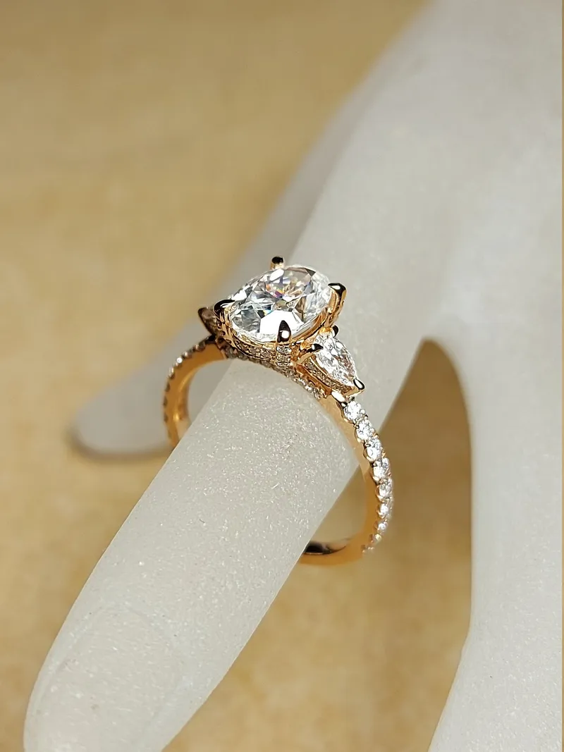 Antique Vintage Style 1.5ct brilliant cut oval Moissanite Ring, Pear diamond Engagement Ring, Trilogy ring Ring for Women view 4