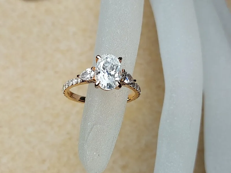 Antique Vintage Style 1.5ct brilliant cut oval Moissanite Ring, Pear diamond Engagement Ring, Trilogy ring Ring for Women view 6