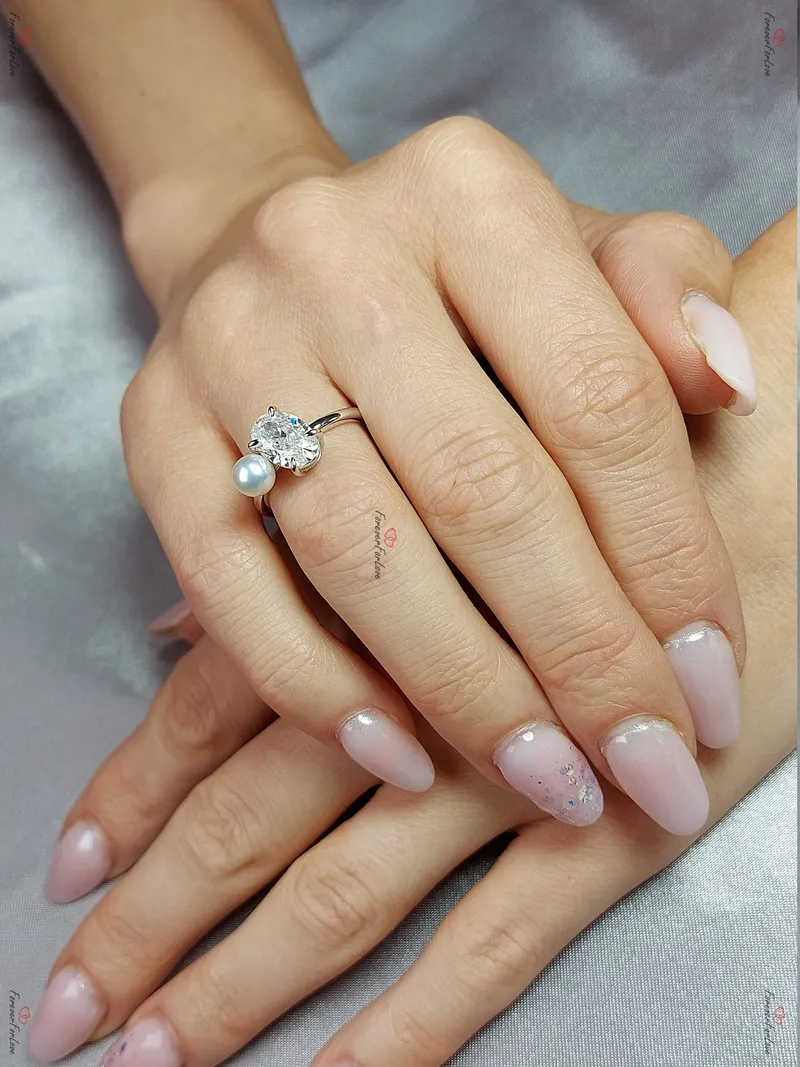 Frost Bloom 2.5Ct Oval Moissanite Engagement Ring with Pearl & Diamond Accents view 4