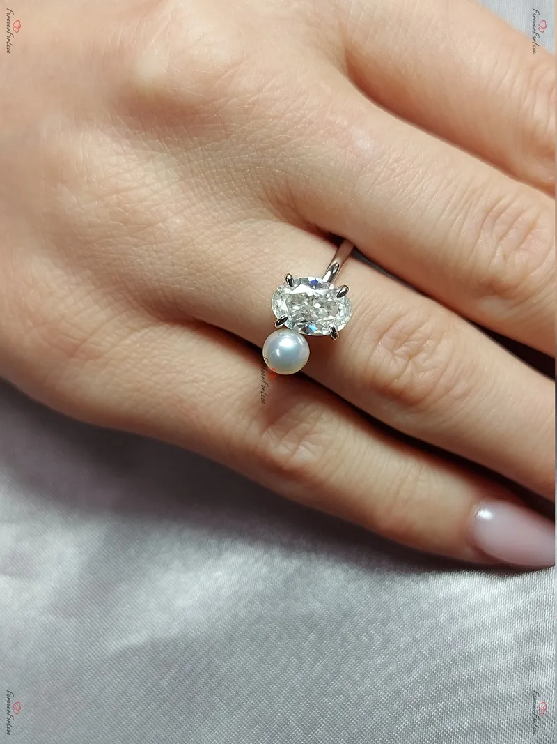 Frost Bloom 2.5Ct Oval Moissanite Engagement Ring with Pearl & Diamond Accents view 5