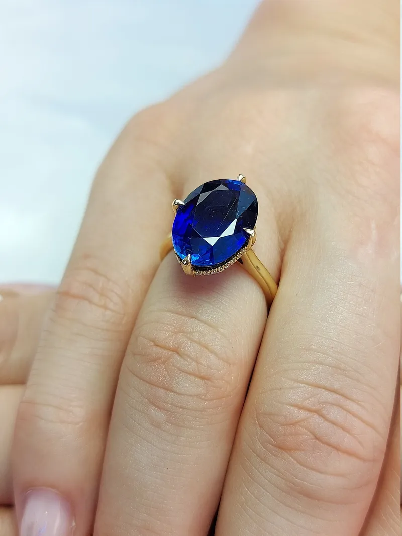 Oval Blue Sapphire Hidden Halo Engagement Ring view 5