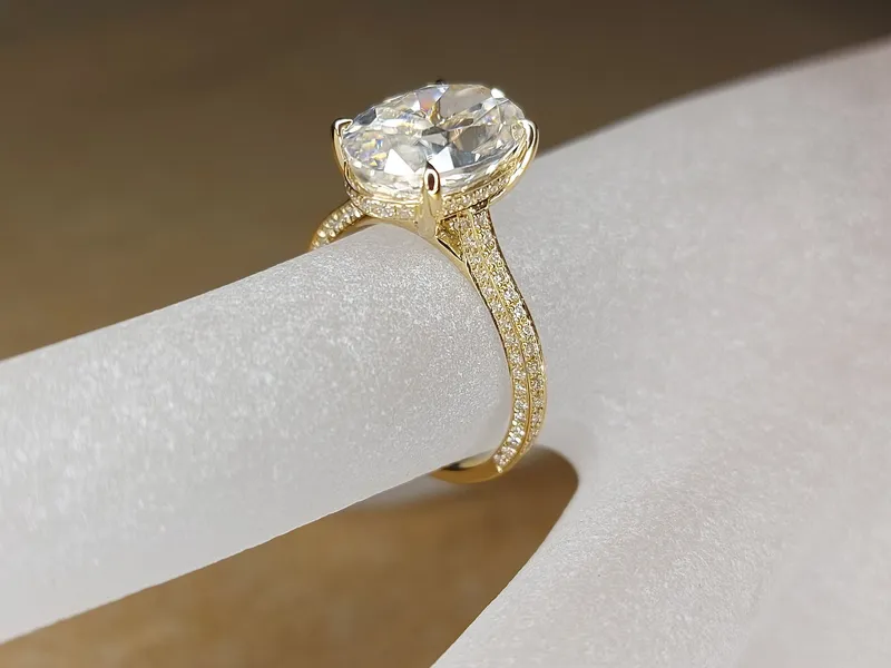 Oval Moissanite Engagement Ring 5Ct Oval Moissanite Ring .85ct Diamonds Hidden Halo Ring Yellow Gold Modern Engagement Ring view 2