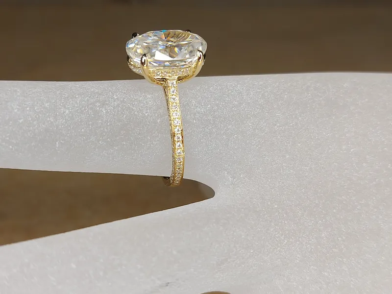 Oval Moissanite Engagement Ring 5Ct Oval Moissanite Ring .85ct Diamonds Hidden Halo Ring Yellow Gold Modern Engagement Ring view 3