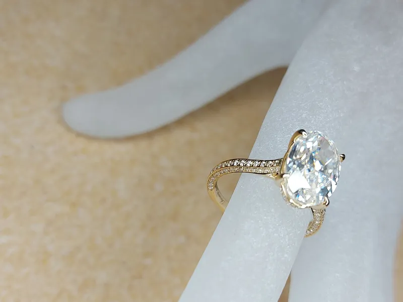 Oval Moissanite Engagement Ring 5Ct Oval Moissanite Ring .85ct Diamonds Hidden Halo Ring Yellow Gold Modern Engagement Ring view 4