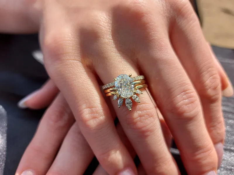 Oval Moissanite engagement ring set vintage unique yellow gold engagement ring, Marquise Cluster ring wedding Bridal Promise ring. oval cut engagement ring