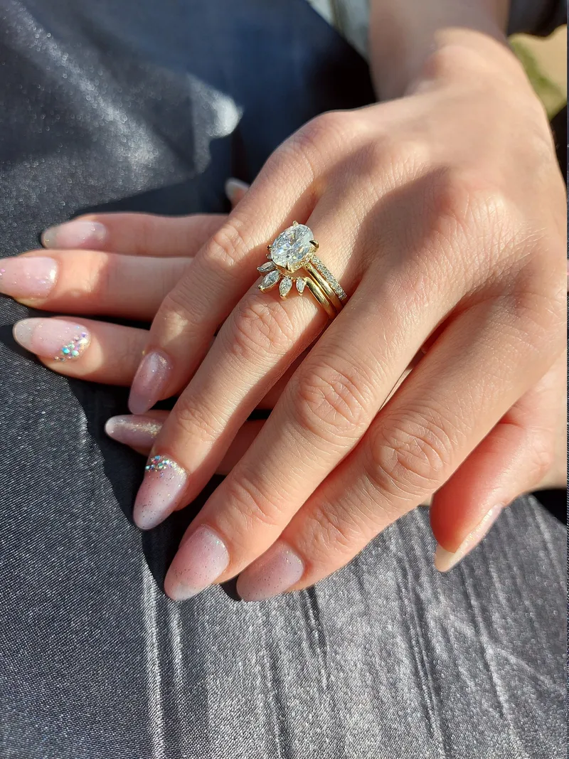 Oval Moissanite engagement ring set vintage unique yellow gold engagement ring, Marquise Cluster ring wedding Bridal Promise ring. vy 2